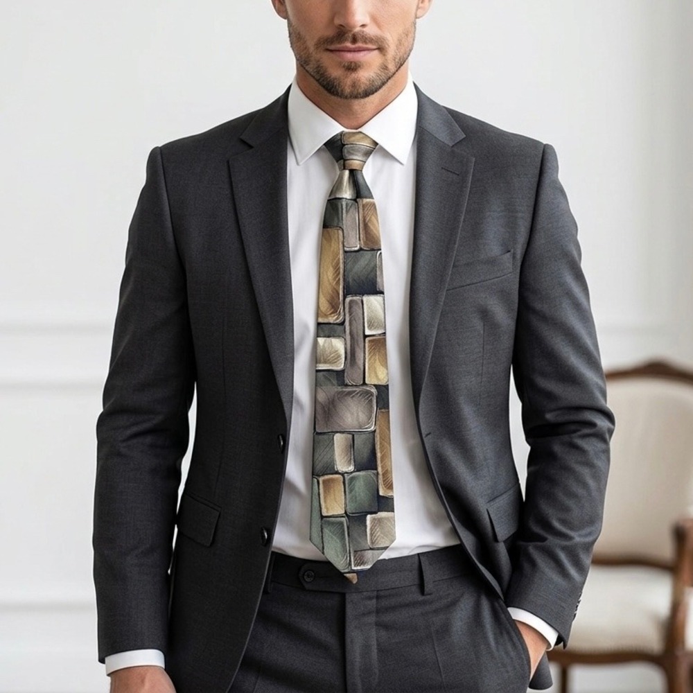 ZYLOS George Machado Silk Necktie Brown Green Gold Abstract Mosaic Block USA